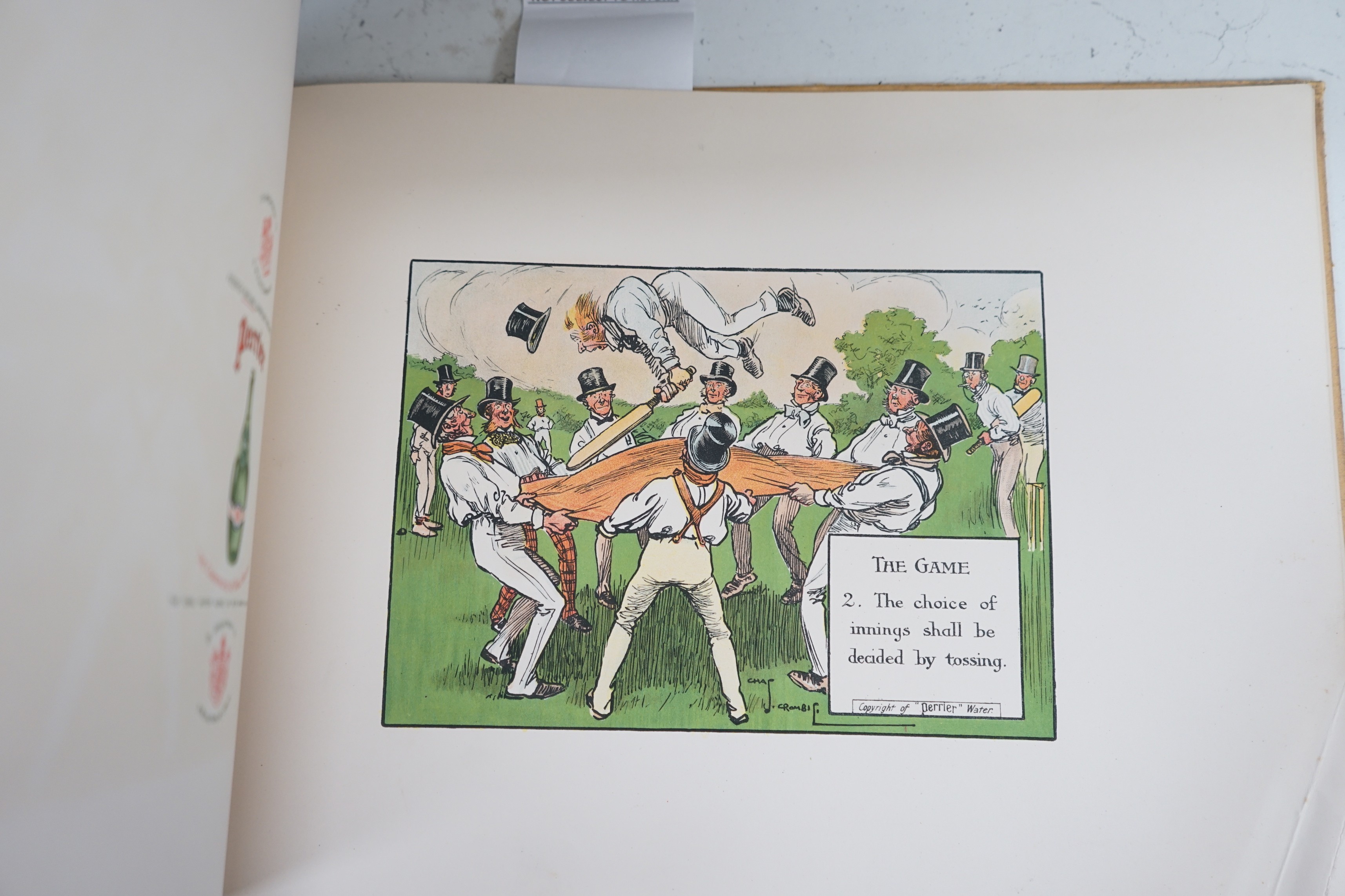 Crombie, Charles, The Laws of Cricket, 1907, 12 coloured plates (with captioned text) and coloured pictorial advert. leaf; original cloth-backed pictorial boards, oblong 4to. Kegan Paul, (1905)